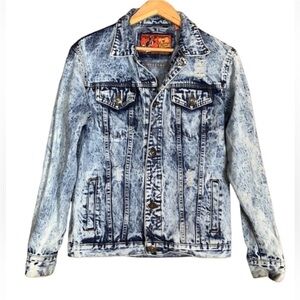 Vintage Rolling Paper acid washed distressed denim jean trucker jacket Sz Small